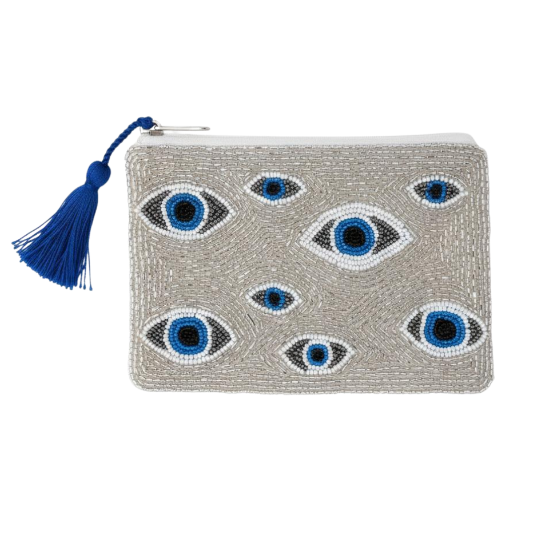 Serendipity Beaded Pouch - Silver Evil Eye