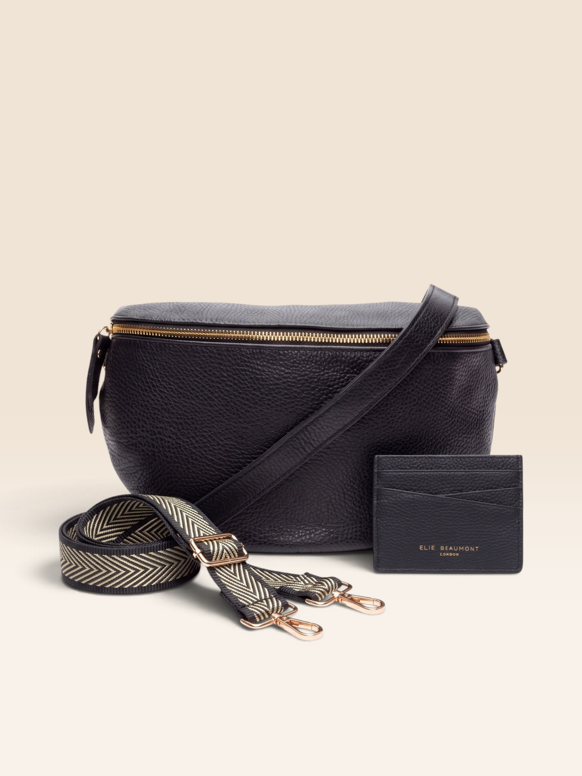 Sling Bag Black Combo-Bag, Cardholder & Gold Chevron strap