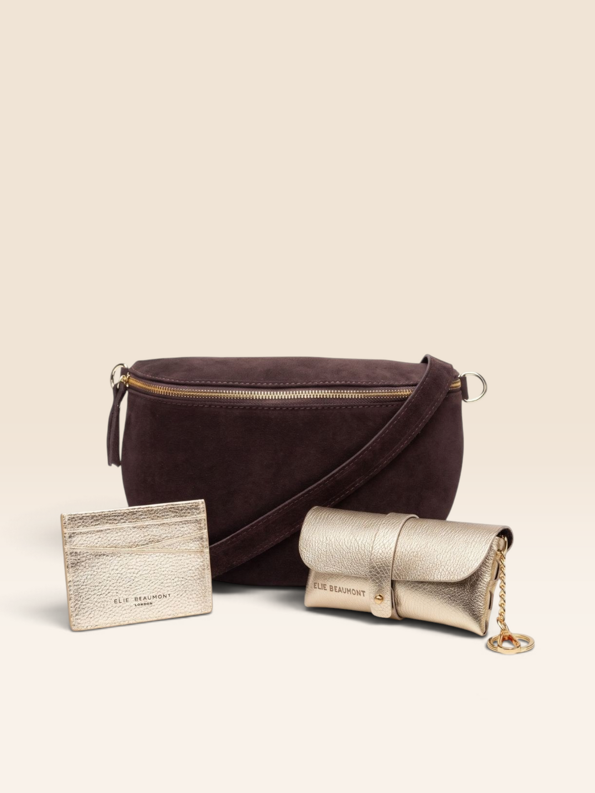 Sling Bag Suede Chocolate Combo-Bag, Gold Card holder & Glasses Case