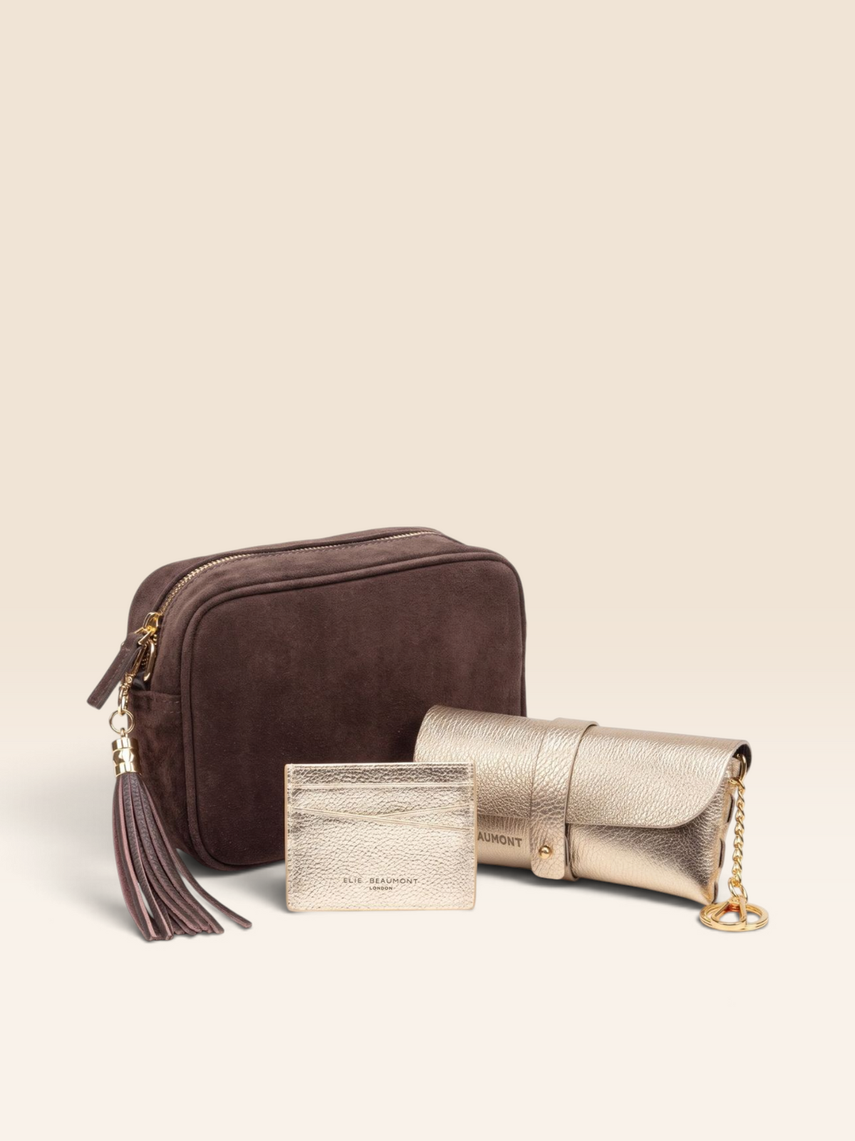 Crossbody Tassel Suede Chocolate Combo-Bag, Gold Card holder & Glasses Case