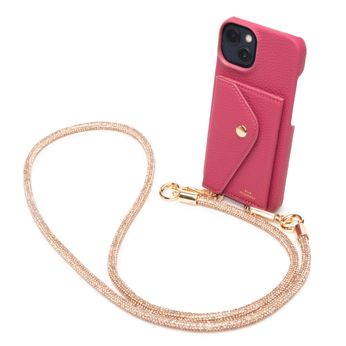 Image of an Azalea Hard Leather Phone Pouch with Champagne Diamante Lanyard Strap for Women by Elie Beaumont