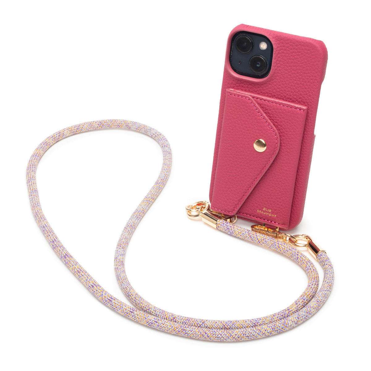 Image of an Azalea Hard Leather Phone Pouch with Distressed multicolour Lanyard Strap for Women by Elie Beaumont