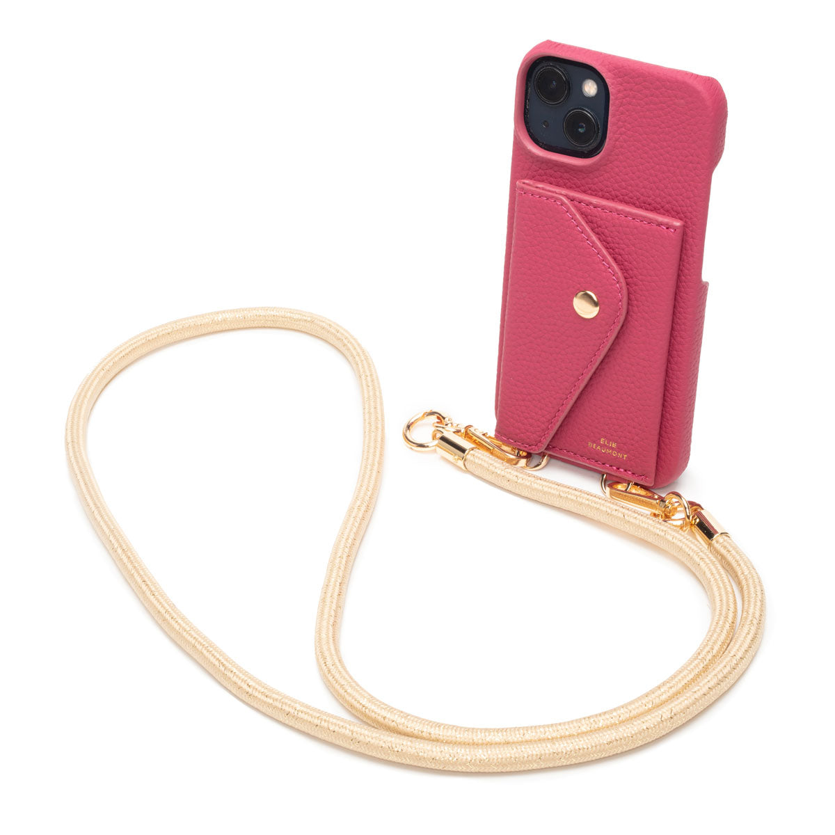 Image of an Azalea Hard Leather Phone Pouch with Gold Glam Lanyard Strap for Women by Elie Beaumont