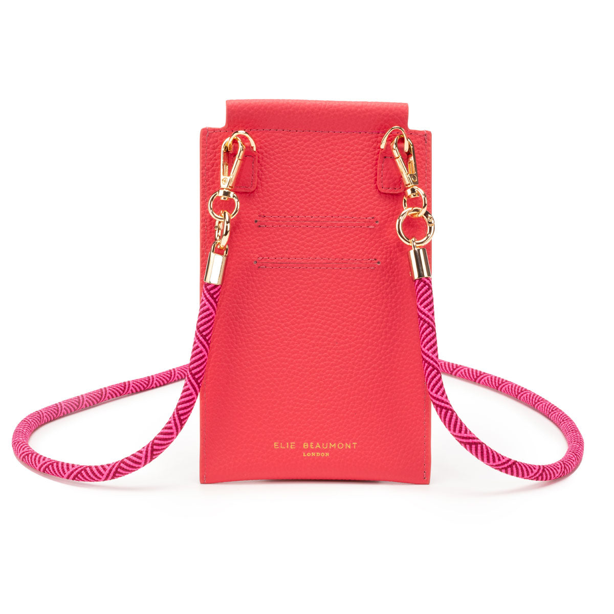 Image of the Azalea Leather Phone Pouch for Women by Elie Beaumont with Fuschia Inca Rope Lanyard Strap