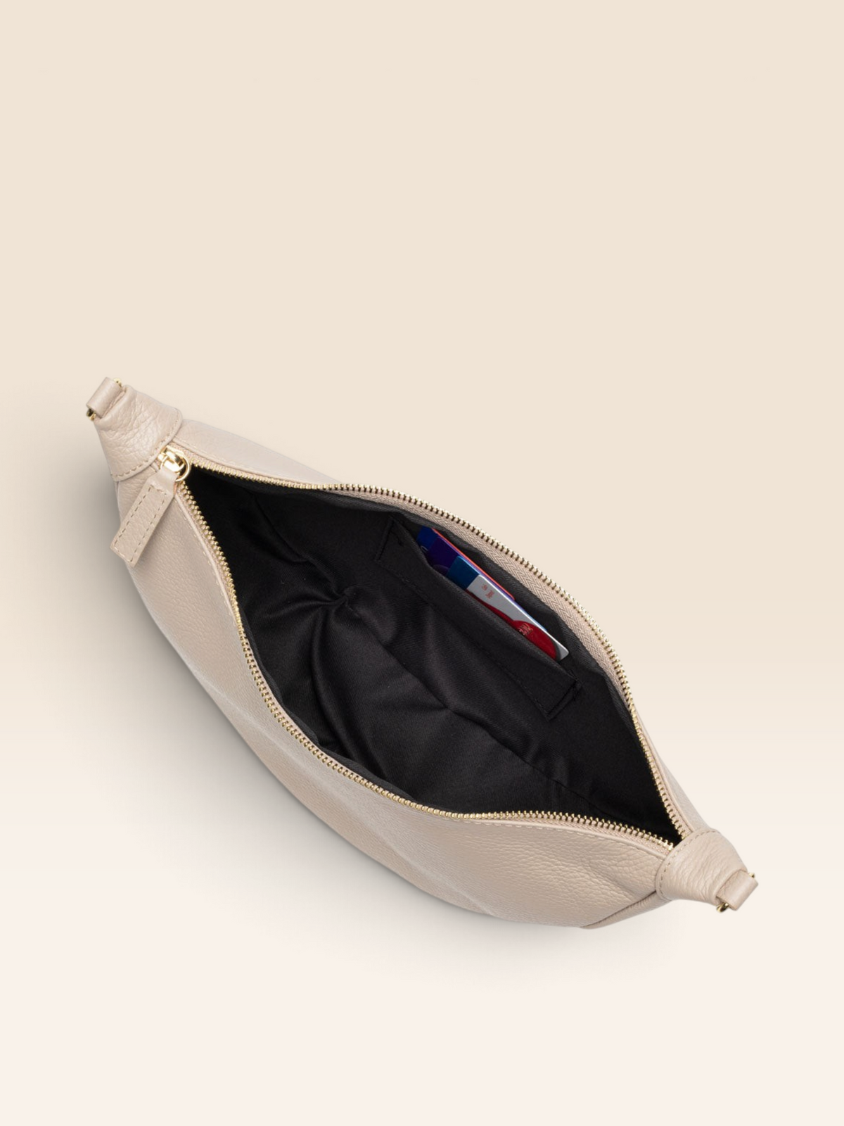 Birds Eye Image of an open Biscuit Beige Leather Hobo bag for Women by Elie Beaumont