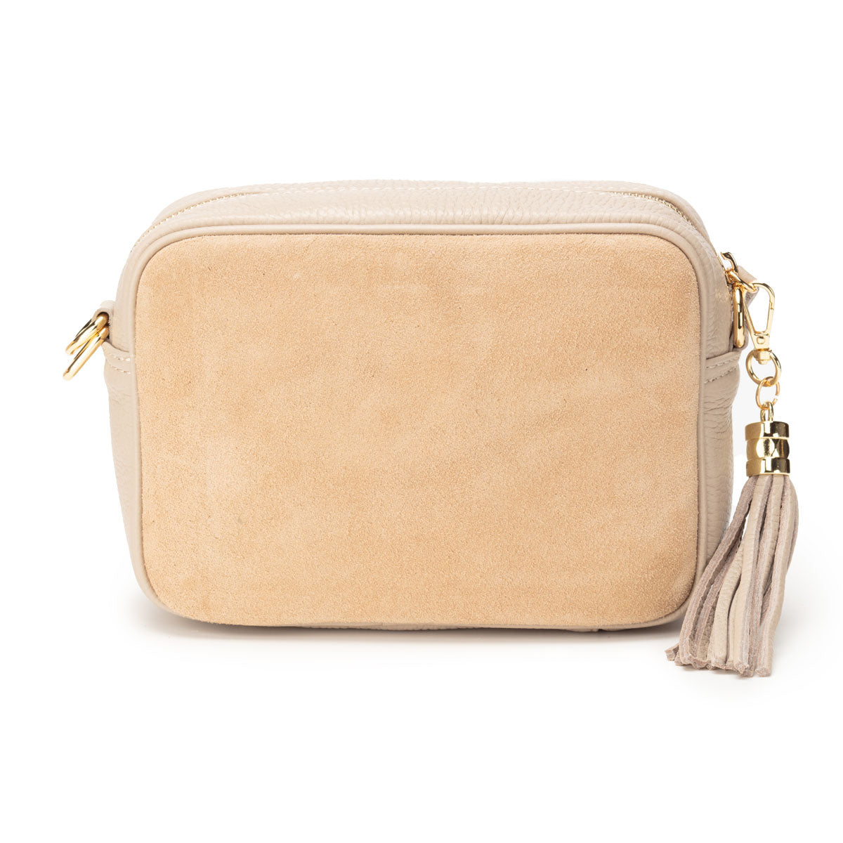 Full frontal Image of a Biscuit Suede Leather Crossbody Tassel Bag for Women by Elie Beaumont