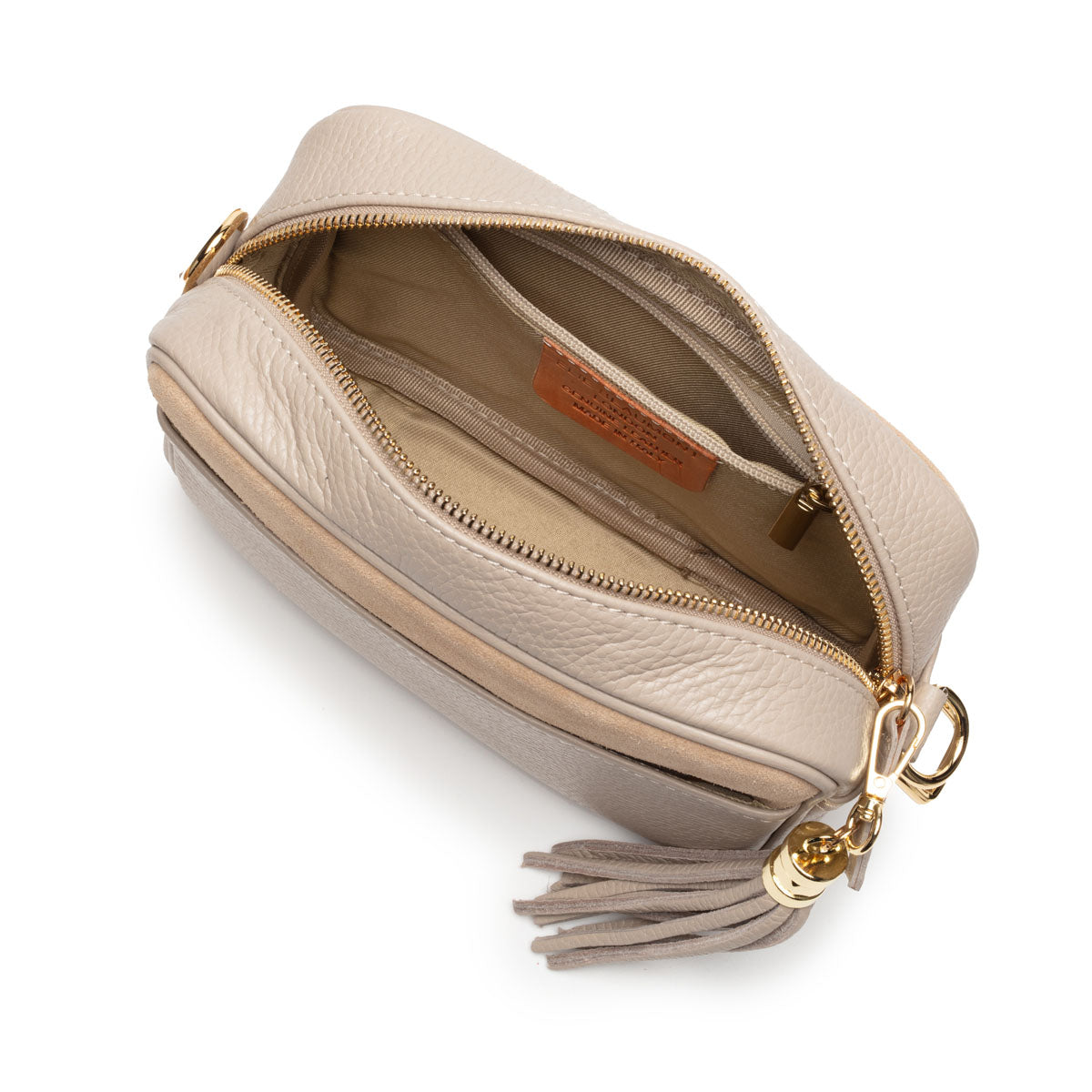 Birds eye view of a Biscuit Suede Leather Crossbody Tassel Bag for Women by Elie Beaumont
