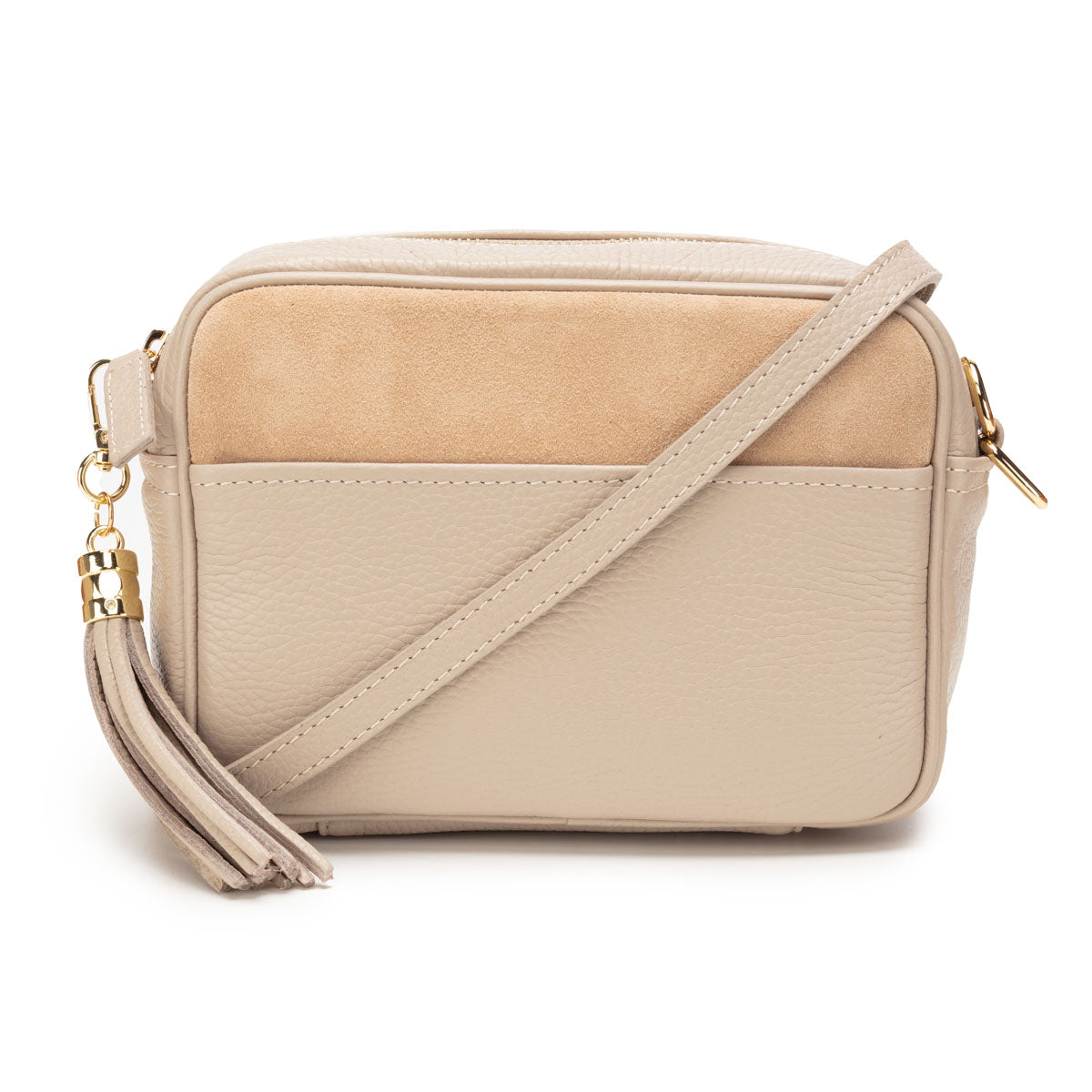 Full frontal view with matching strap of a Biscuit Suede Leather Crossbody Tassel Bag for Women by Elie Beaumont