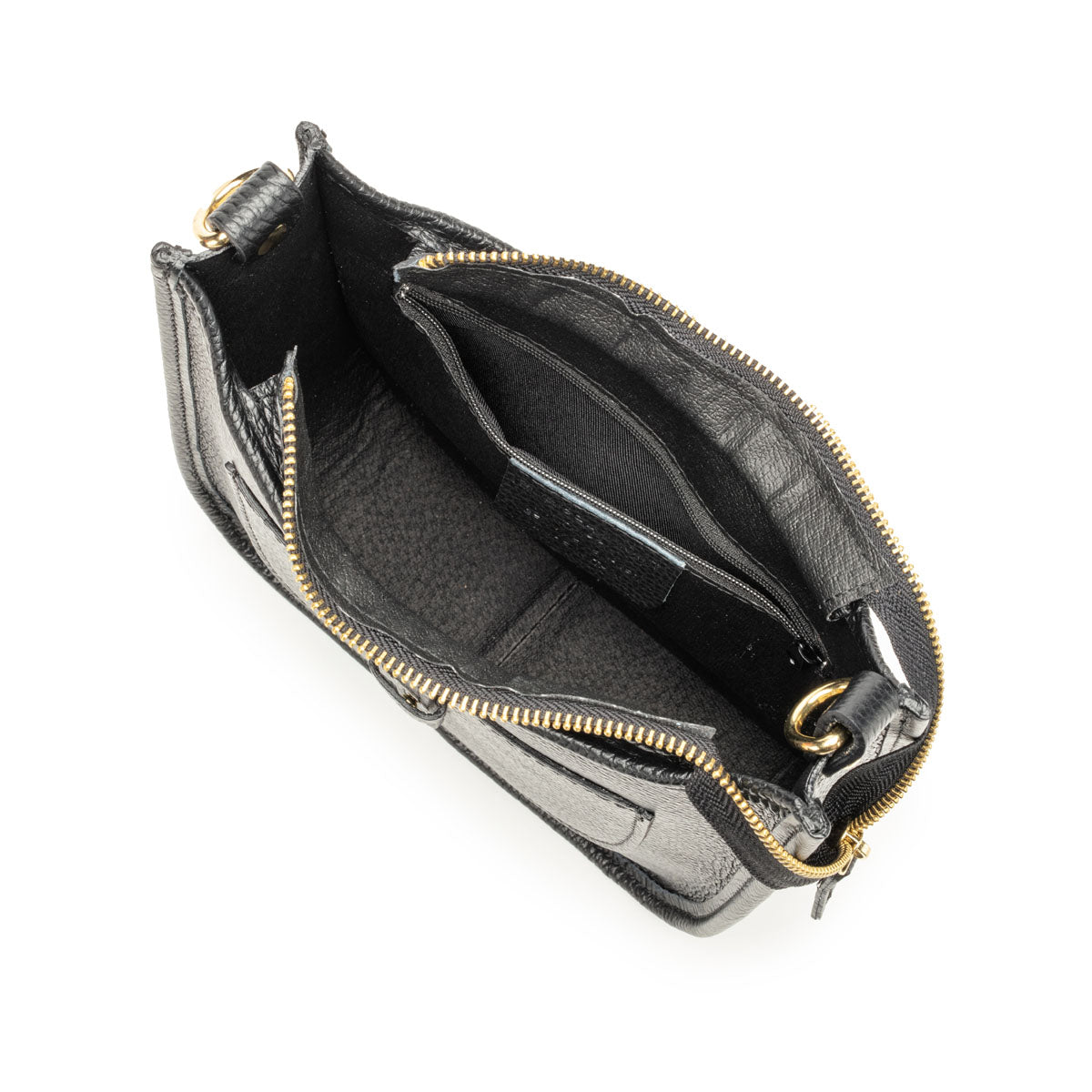 Birds Eye Image of an open Black Leather Messenger bag for Women by Elie Beaumont