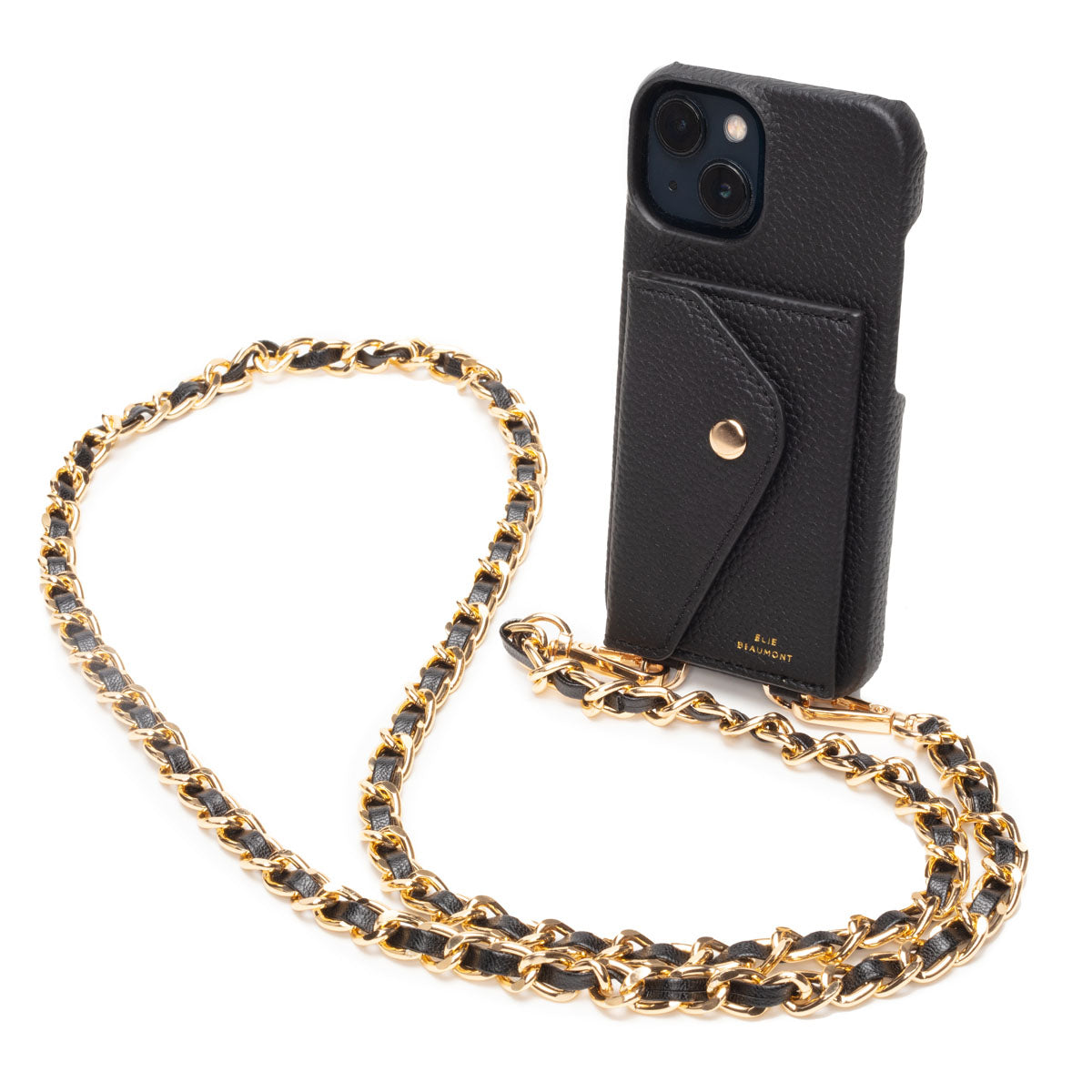 Image of a Black Hard Leather Phone Pouch with Black Chain Lanyard Strap for Women by Elie Beaumont