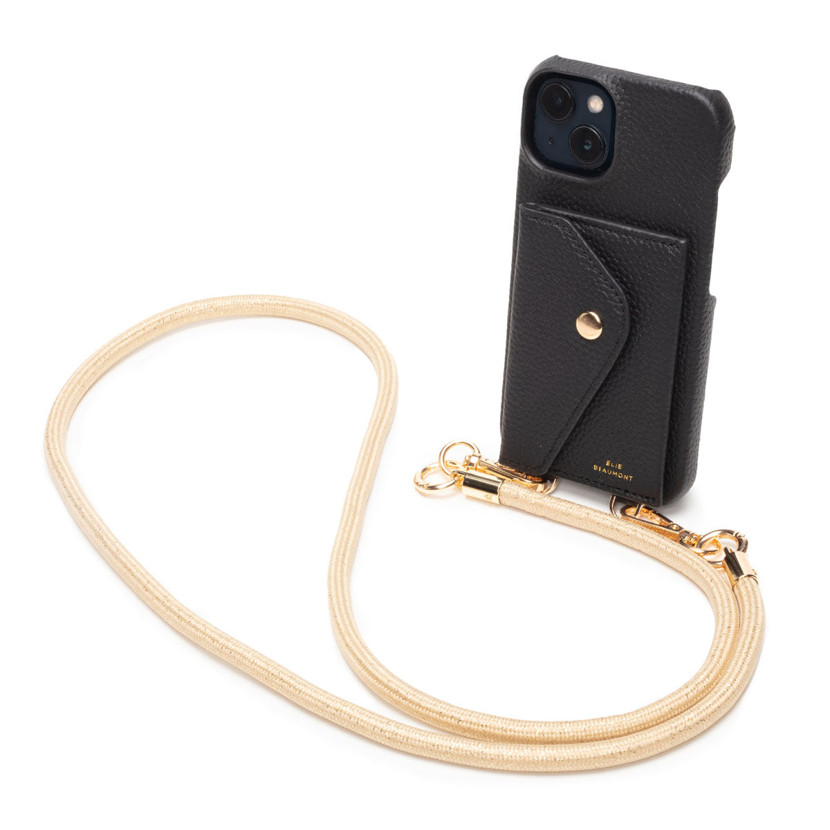 Image of a Black Hard Leather Phone Pouch with Gold Glam Lanyard Strap for Women by Elie Beaumont