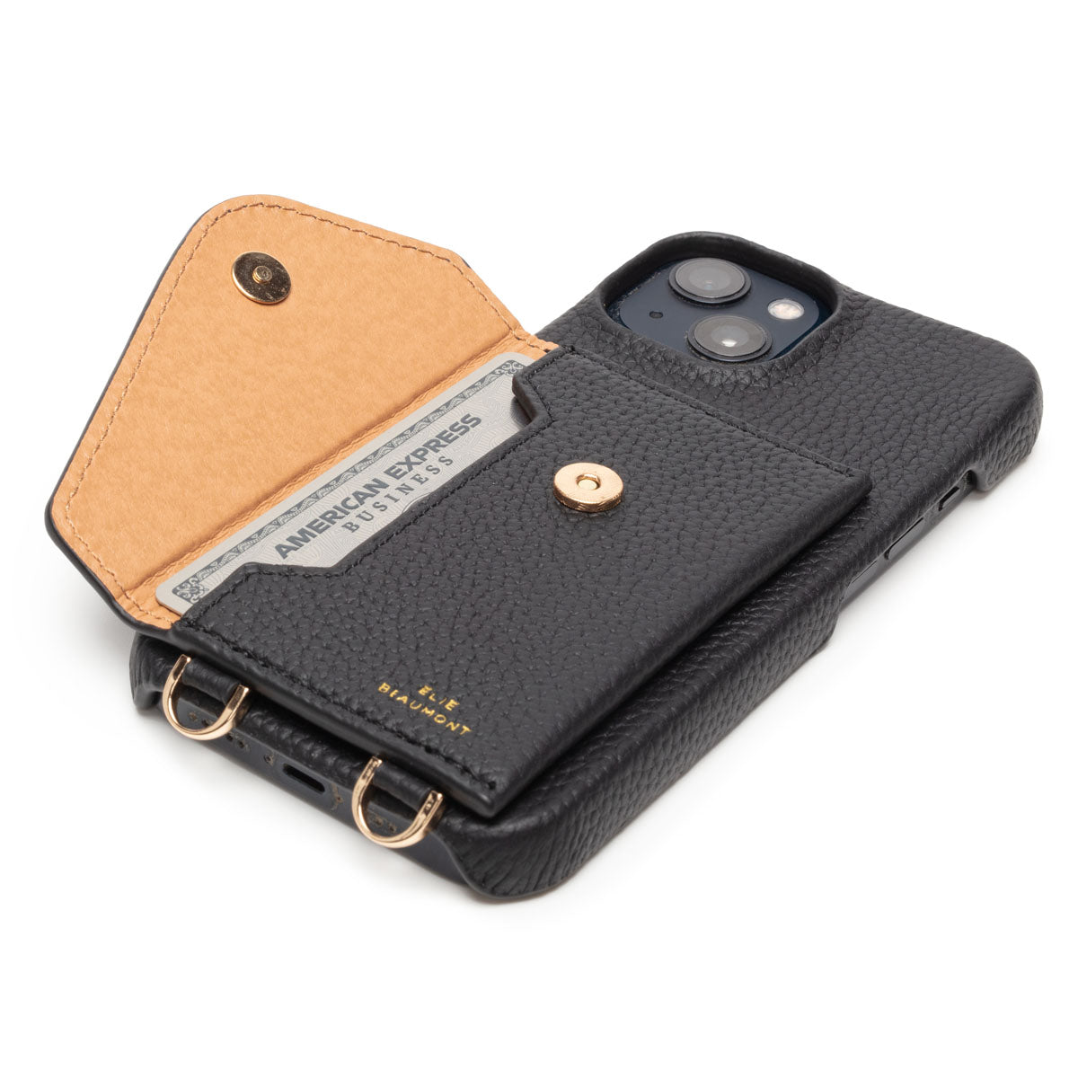 Side Image of a Black Hard Leather iPhone case for Women with open pocket by Elie Beaumont
