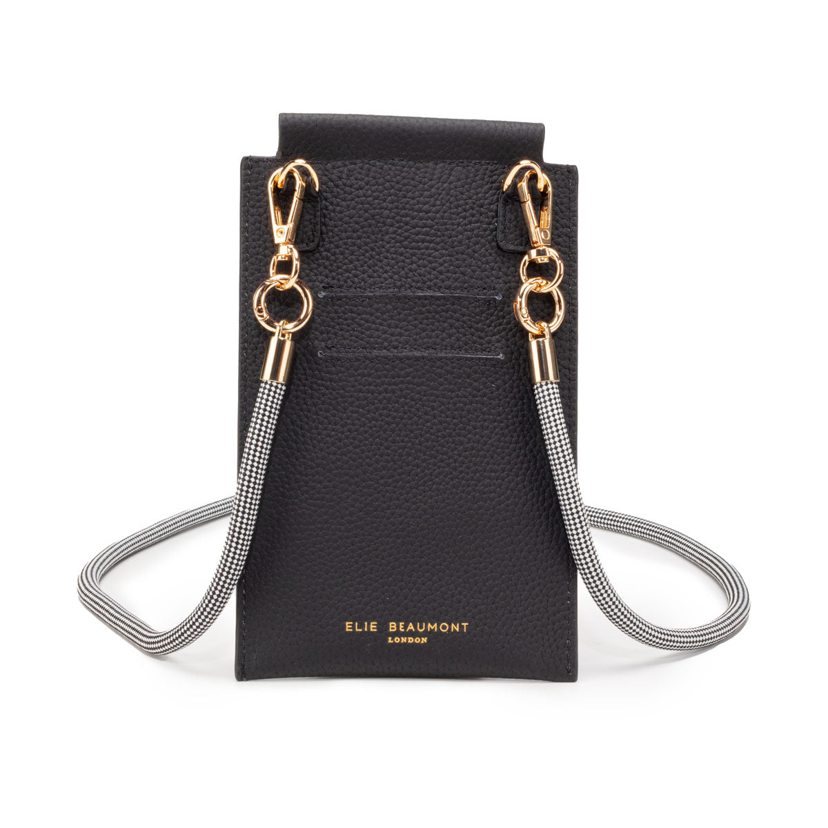 Image of the Black Leather Phone Pouch for Women by Elie Beaumont with Harlequin Lanyard Strap