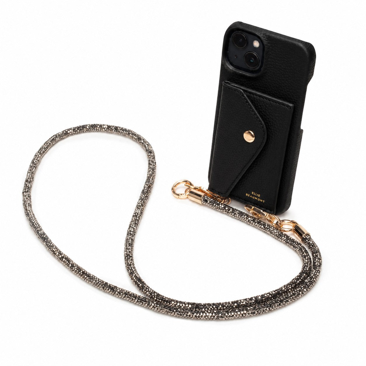 Genuine Leather iPhone Case - Black - Black Diamante Lanyard