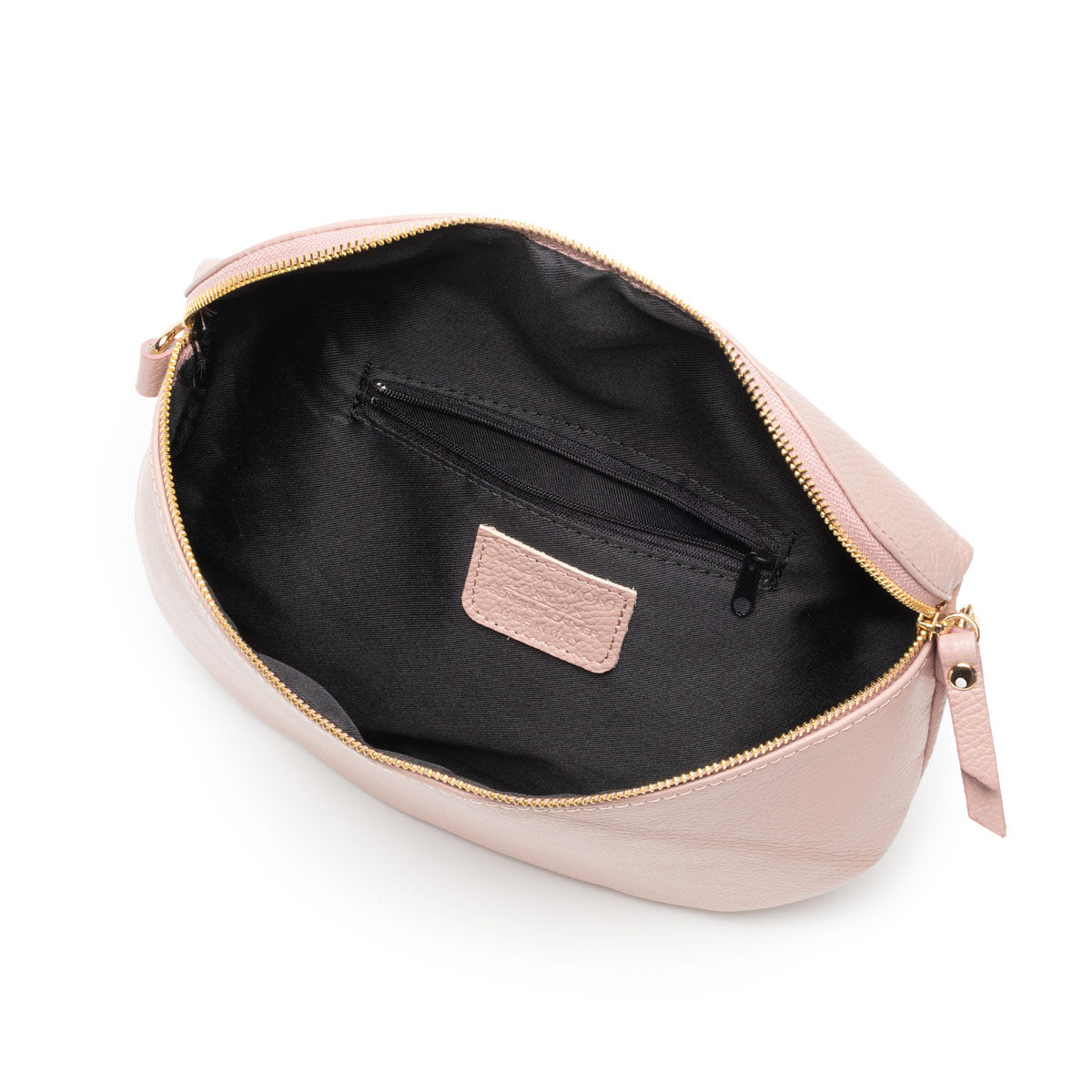 Birds Eye Image of an open Blush Pink Leather Large Sized Slingbag with matching strap for Women by Elie Beaumont
