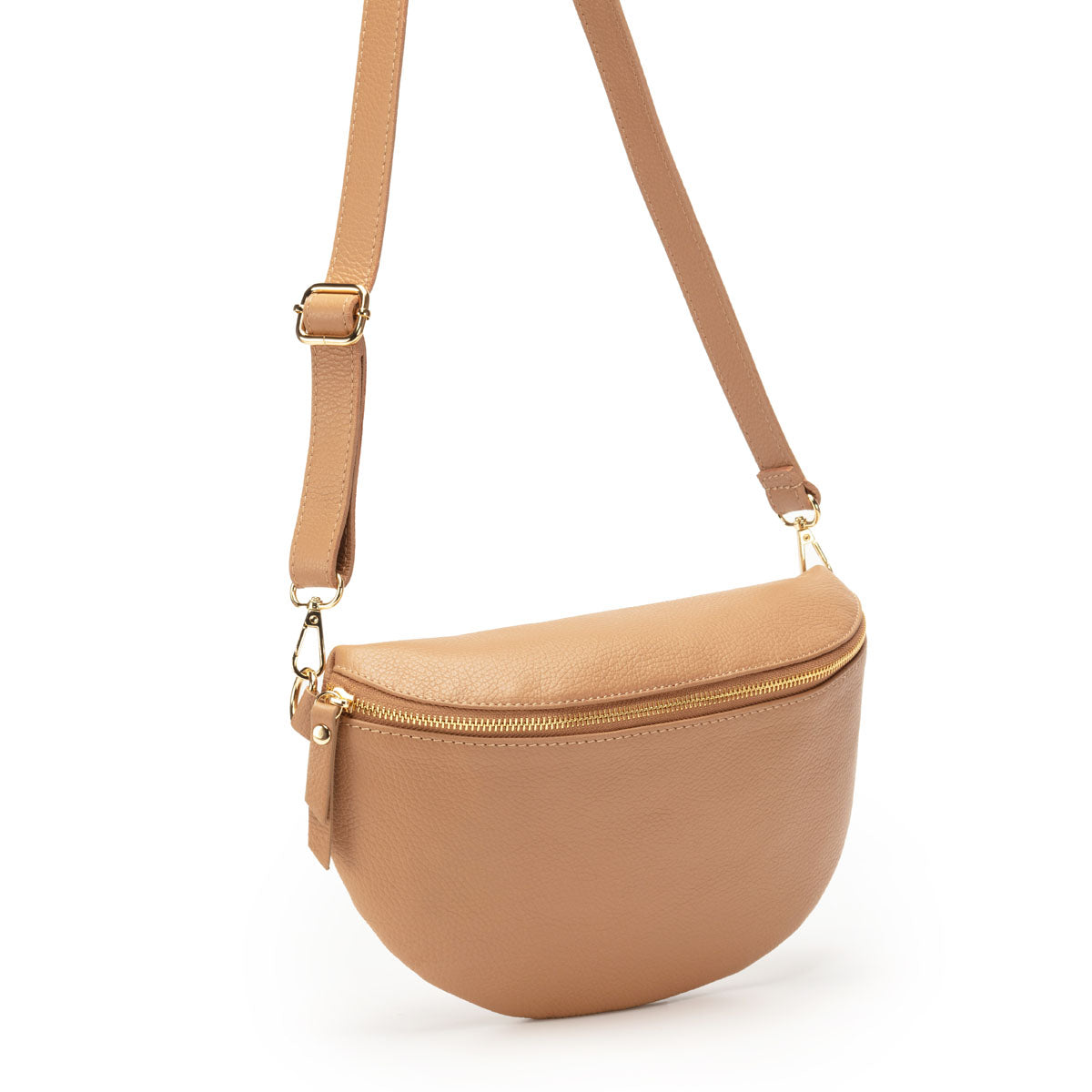 Front View Image of a Camel Brown Leather Large Sized Slingbag with strap for Women by Elie Beaumont