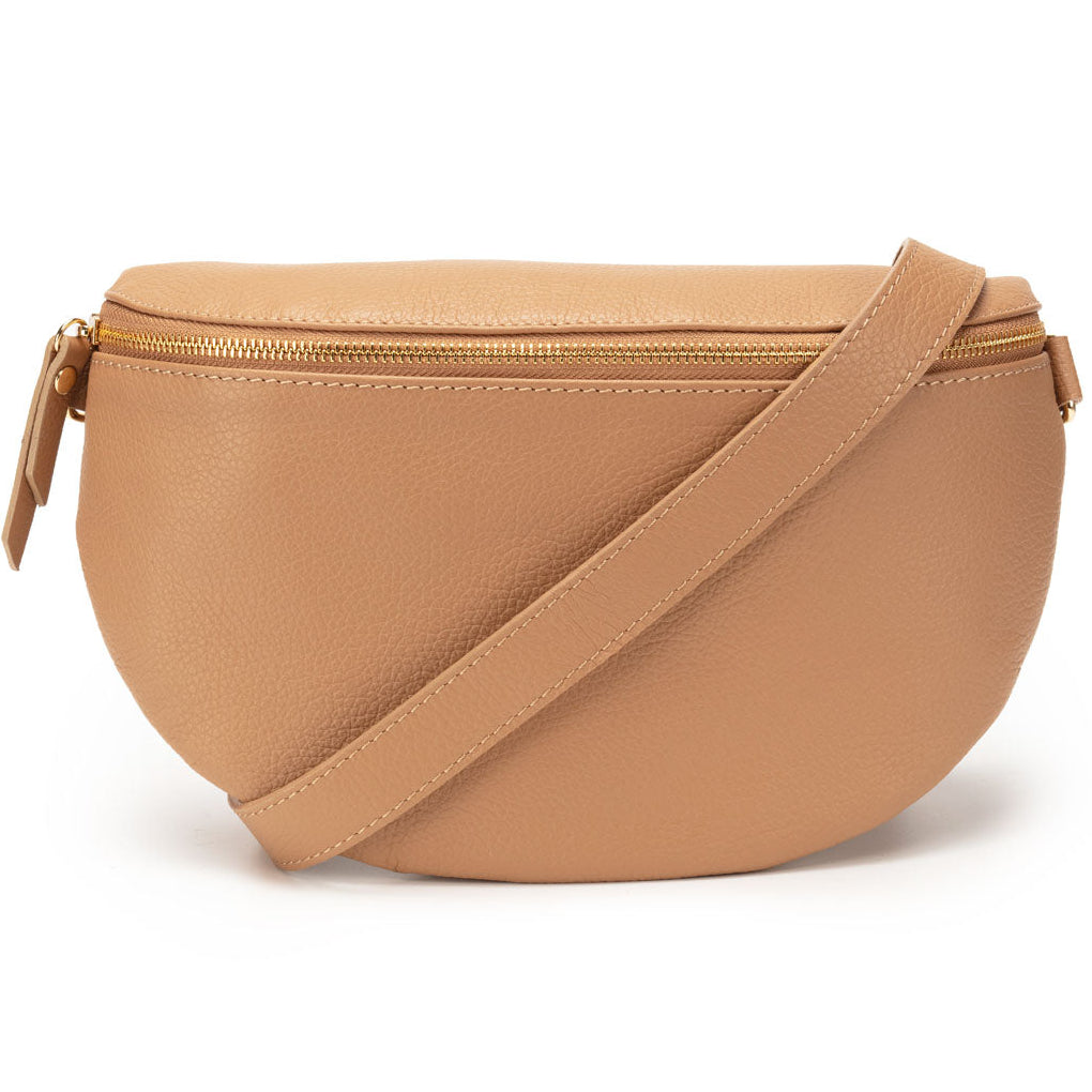 Image of a Camel Brown Leather Large Sized Slingbag with matching strap for Women by Elie Beaumont
