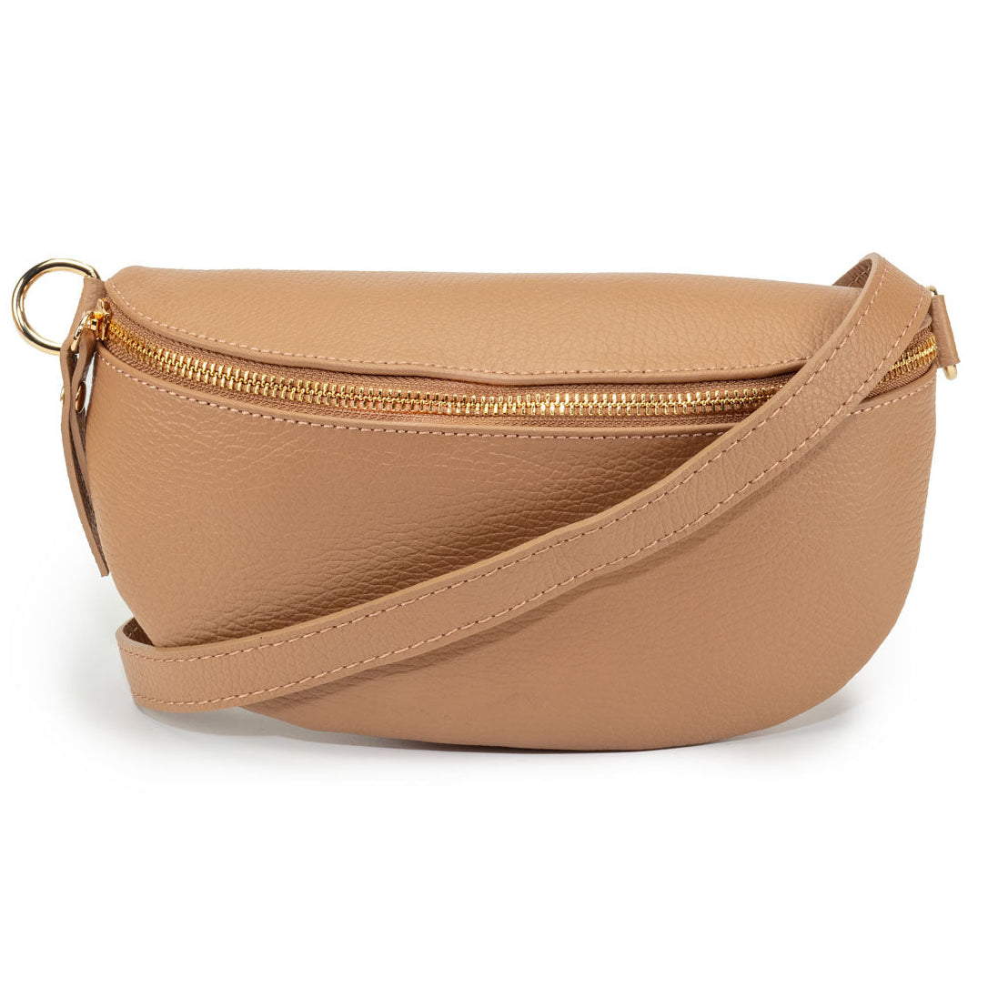Image of a Camel Brown Leather Regular Sized Slingbag with matching strap for Women by Elie Beaumont