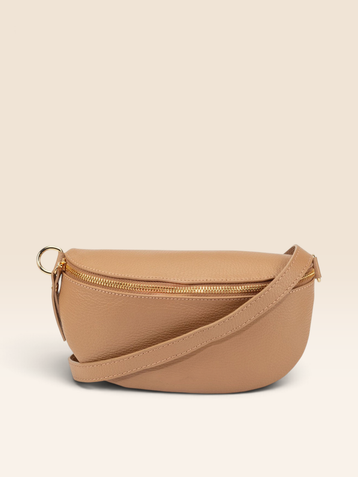 Image of a Camel Brown Leather Regular Sized Slingbag with matching strap for Women by Elie Beaumont