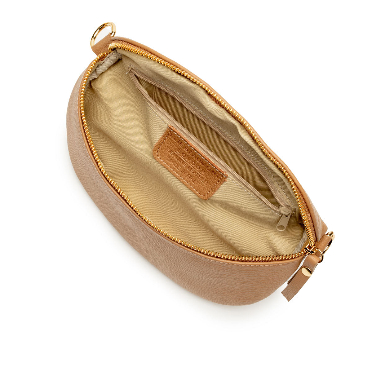Birds Eye Image of an open Camel Brown Leather Regular Sized Slingbag with matching strap for Women by Elie Beaumont