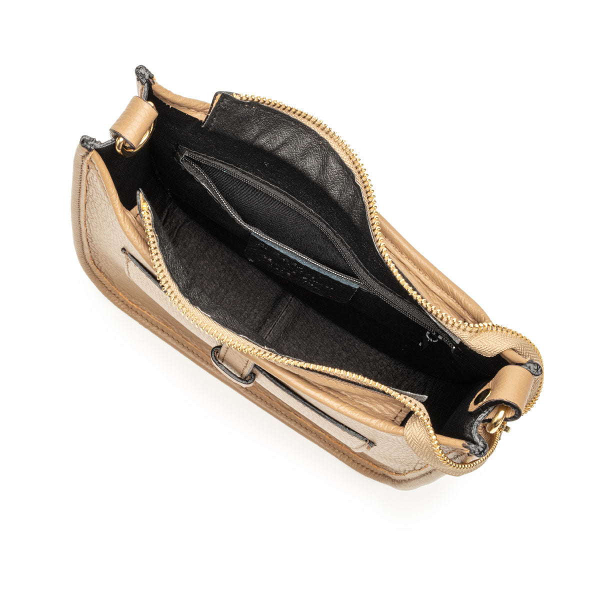 Birds Eye Image of an open Cappuccino Brown Leather Messenger bag for Women by Elie Beaumont