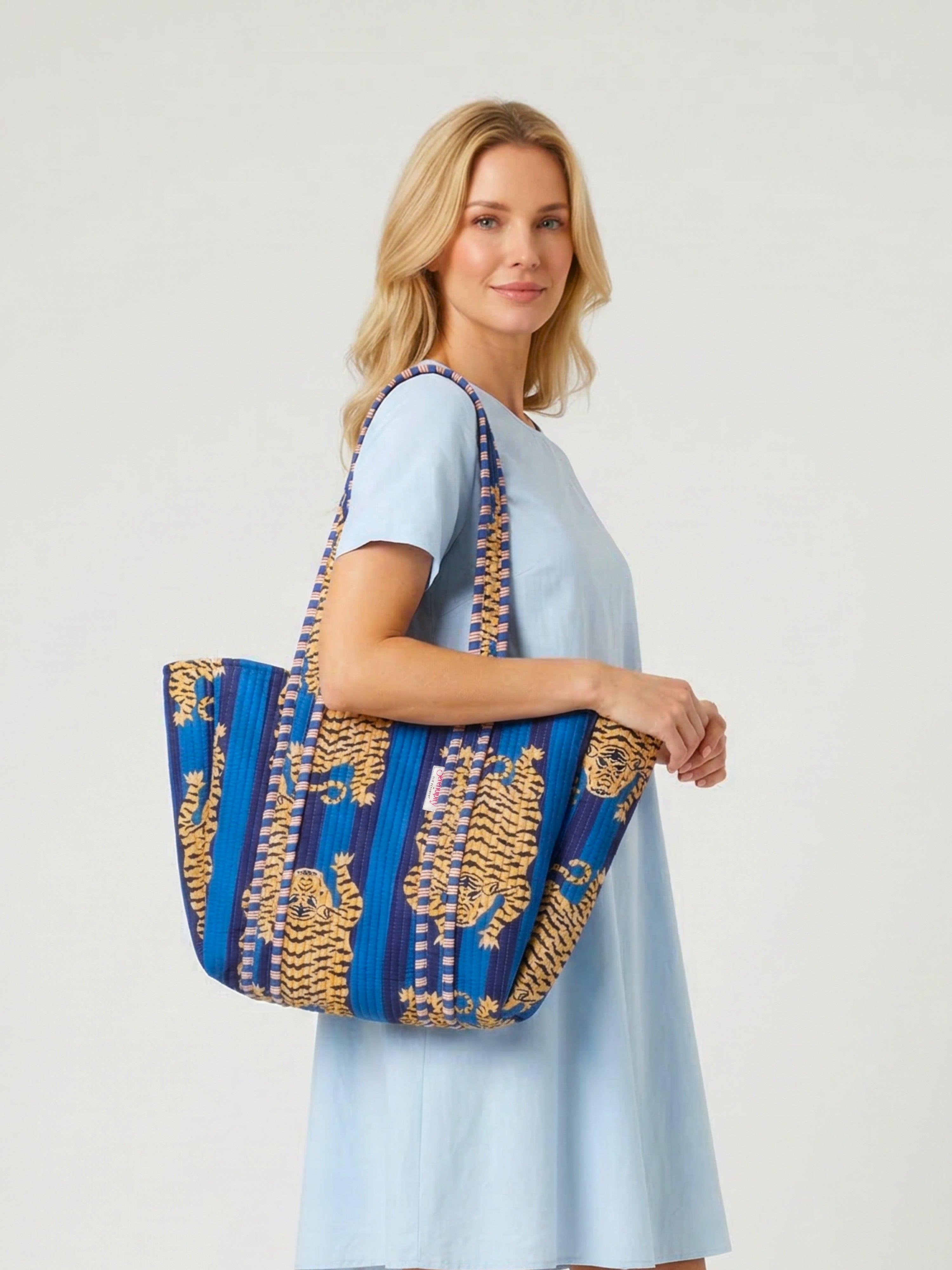 Serendipity Cotton Shoulder Tote - Blue Tibetan Tiger