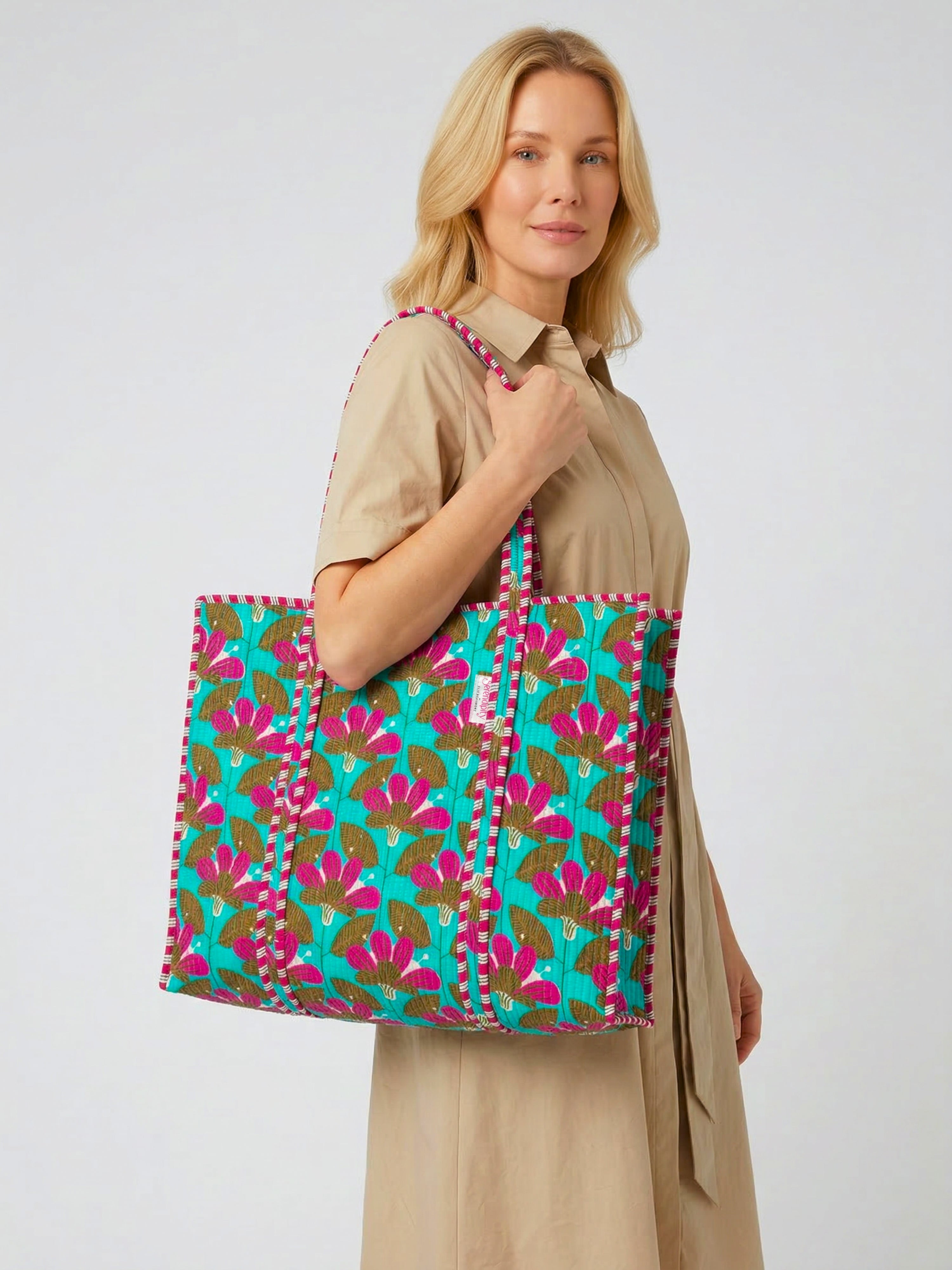 Serendipity Cotton Quilted Tote - Turquoise Blossom