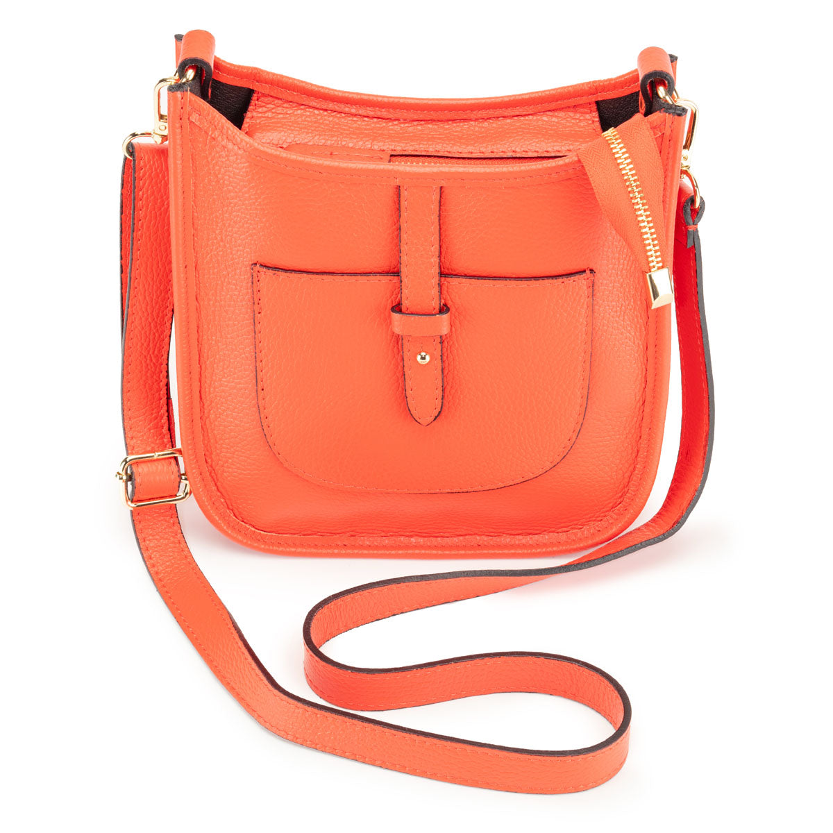 Image of a Coral Orange Leather Messenger Bag with matching strap for Women by Elie Beaumont