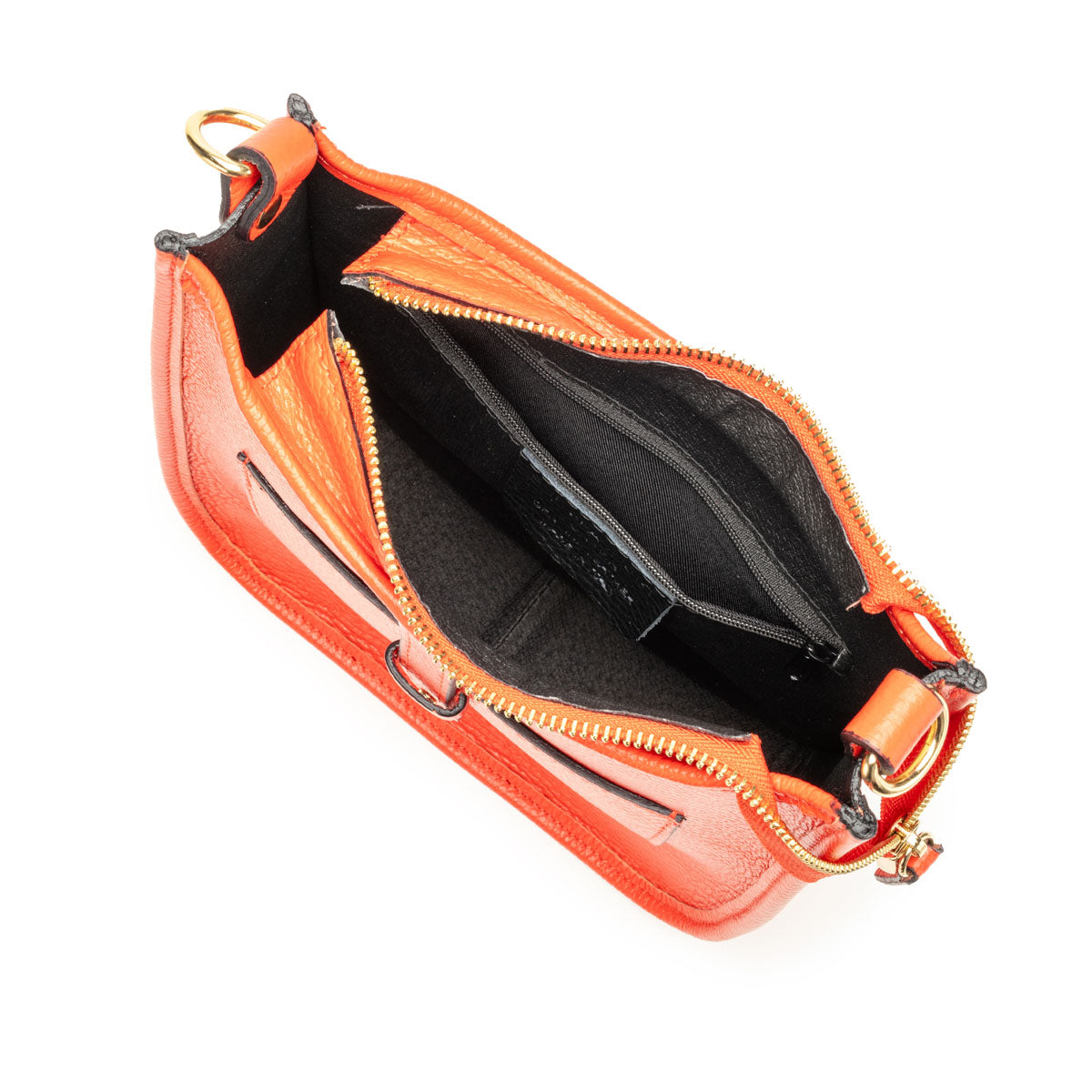 Birds Eye Image of an open Coral Orange Leather Messenger bag for Women by Elie Beaumont