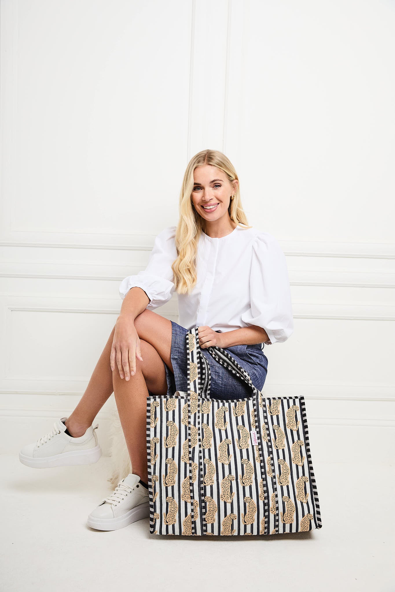 Model Image of a Leopard print cotton tote bag for women by Serendipity from Elie Beaumont