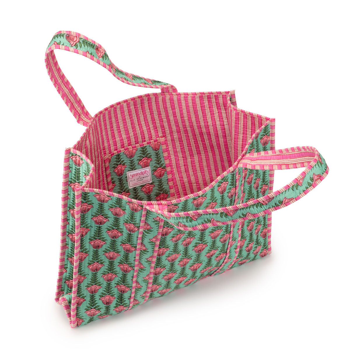 Interior Image of a Light Green Lotus print cotton tote bag for women by Serendipity from Elie Beaumont