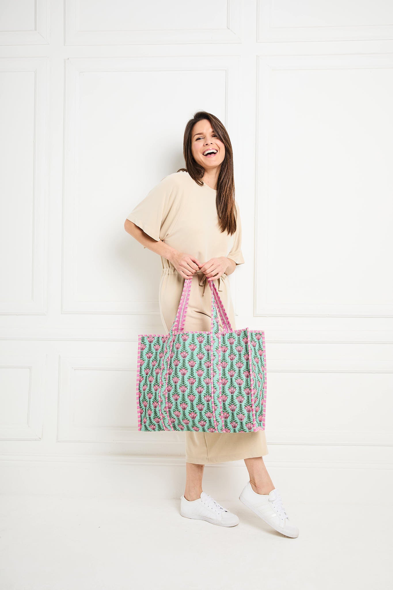 Model Image of a Light Green Lotus print cotton tote bag for women by Serendipity from Elie Beaumont