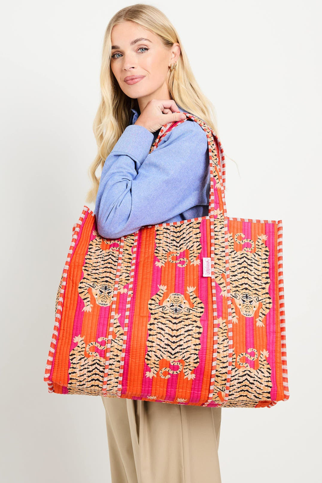 Model Image of a Tibetan Tiger print cotton tote bag for women by Serendipity from Elie Beaumont