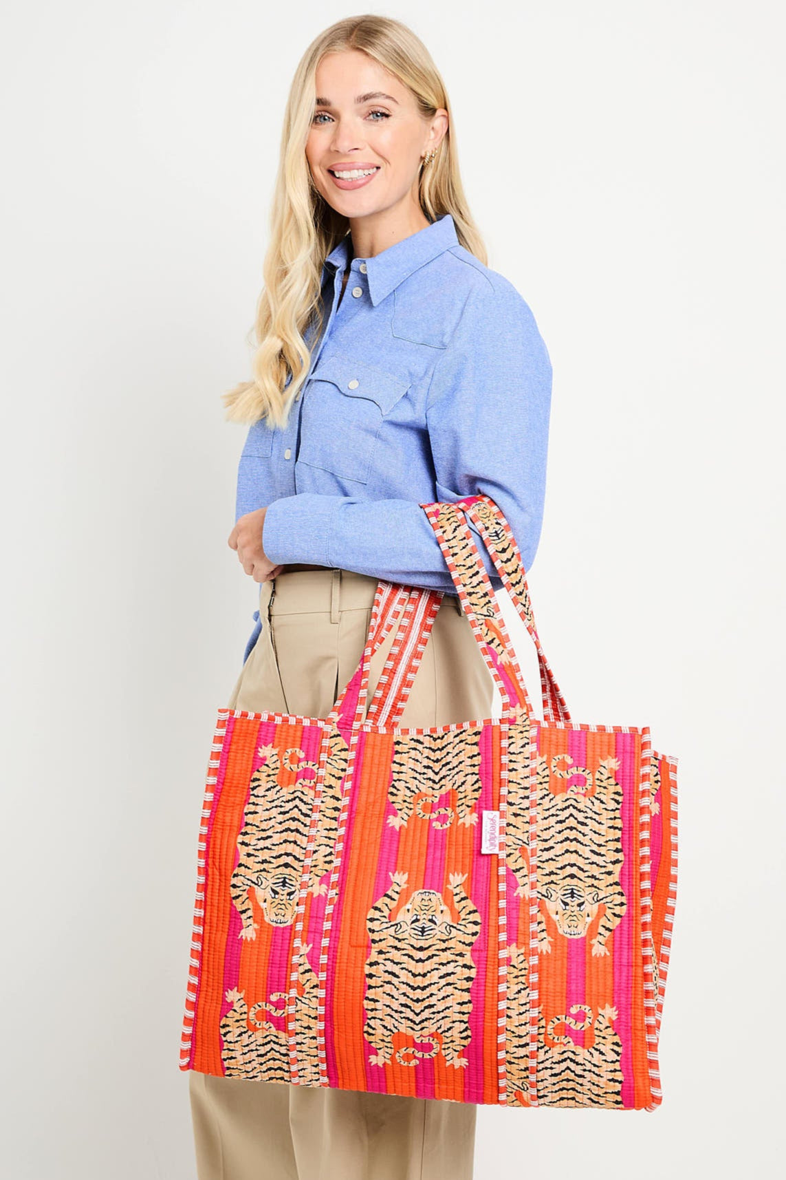 Model Image of a Tibetan Tiger print cotton tote bag for women by Serendipity from Elie Beaumont