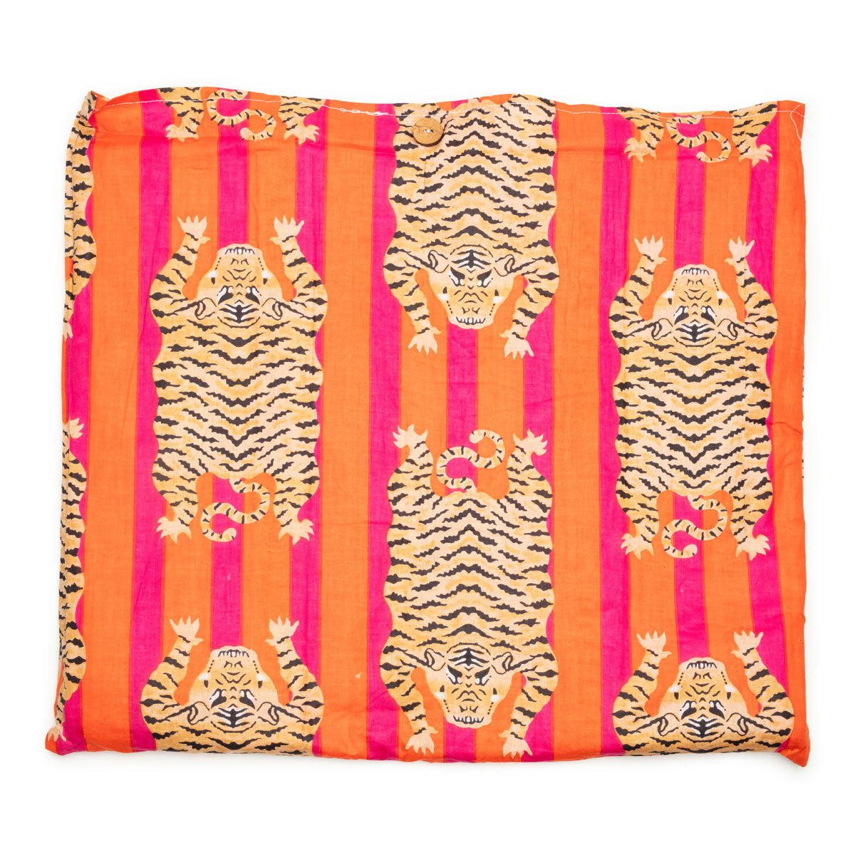 Image of packaging for a Tibetan Tiger print cotton tote bag for women by Serendipity from Elie Beaumont