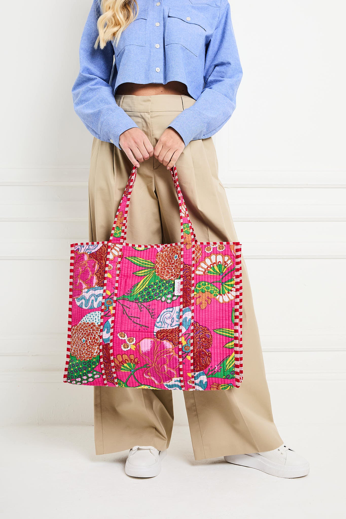 Model Image of a Tropical Fuschia print cotton tote bag for women by Serendipity from Elie Beaumont