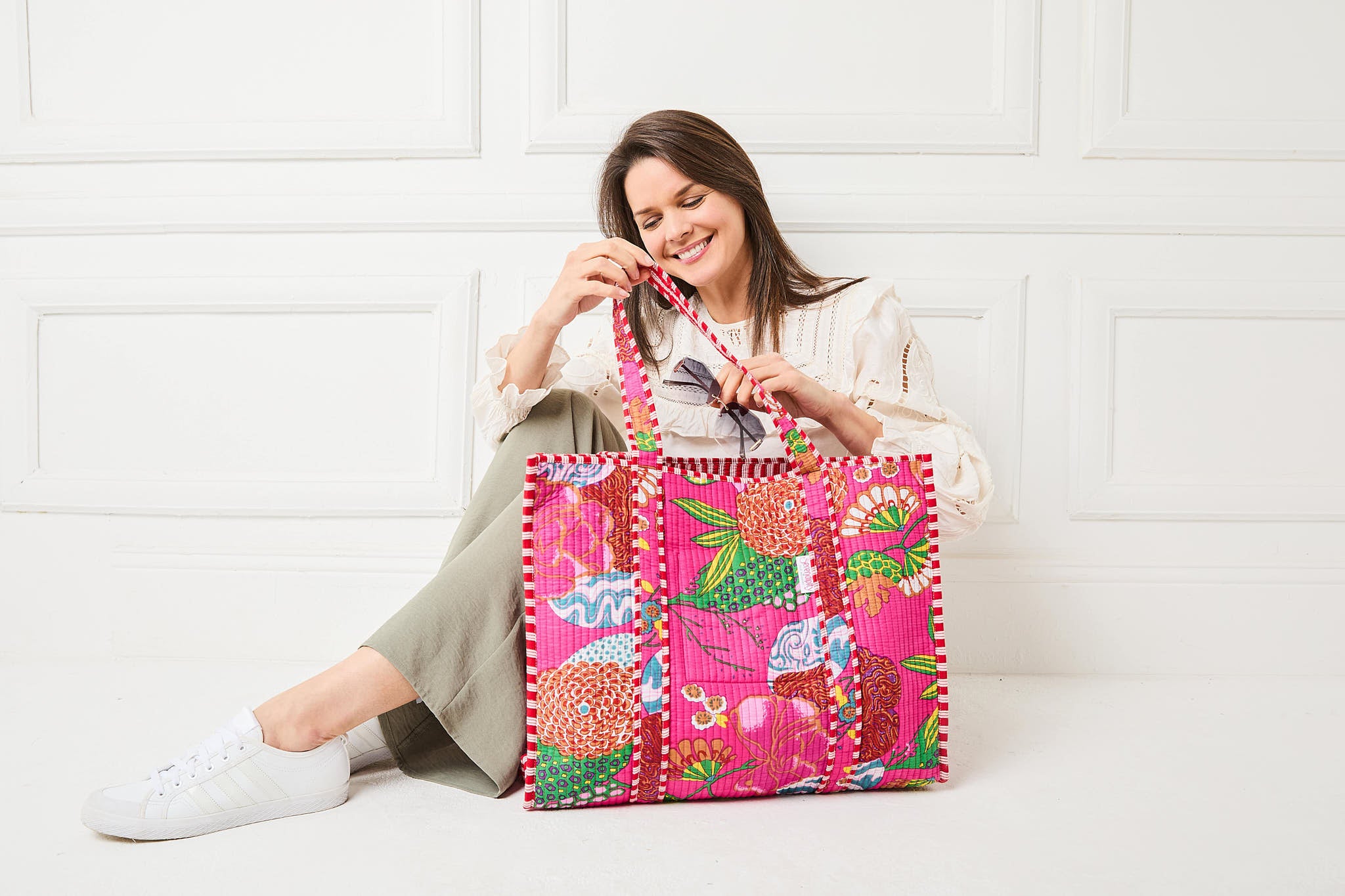 Model Image of a Tropical Fuschia print cotton tote bag for women by Serendipity from Elie Beaumont