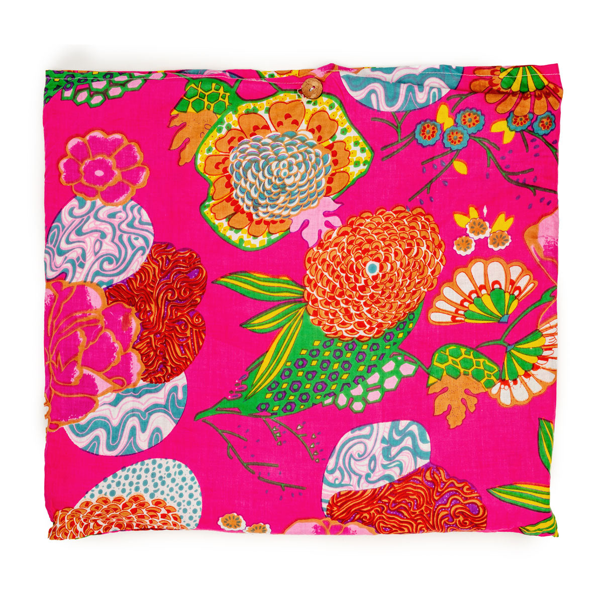 Image of packaging for a Tropical Fuschia print cotton tote bag for women by Serendipity from Elie Beaumont
