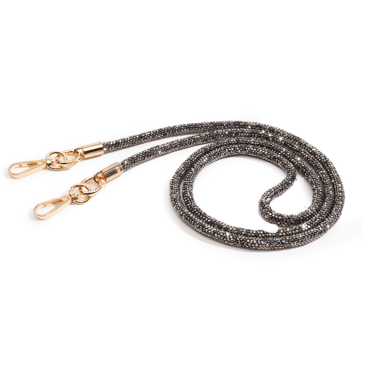 Image of the coiled Diamante Black Lanyard Strap for Women by Elie Beaumont