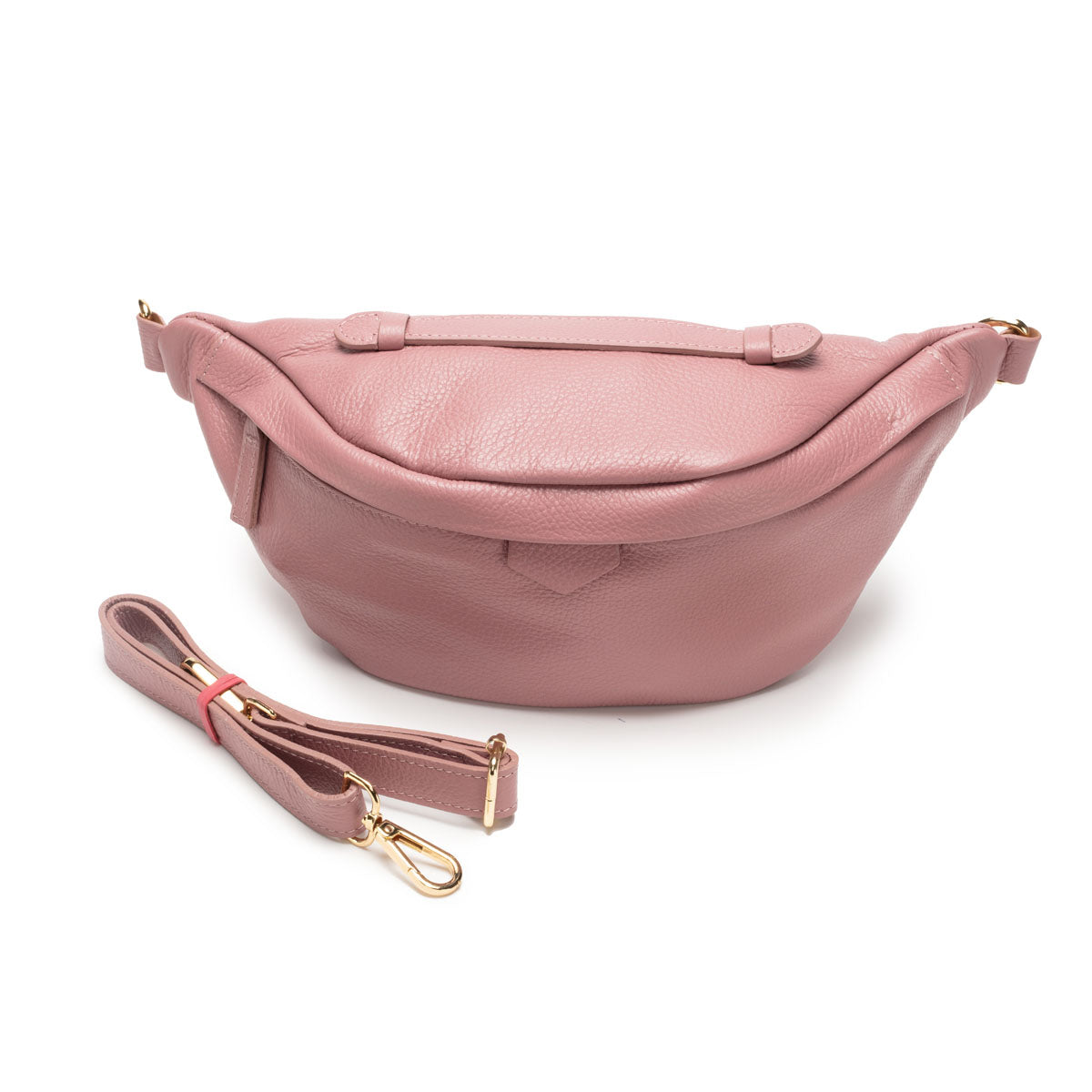 Image of a Dusty Rose Leather Arc Sling Bag with detached matching strap for Women by Elie Beaumont