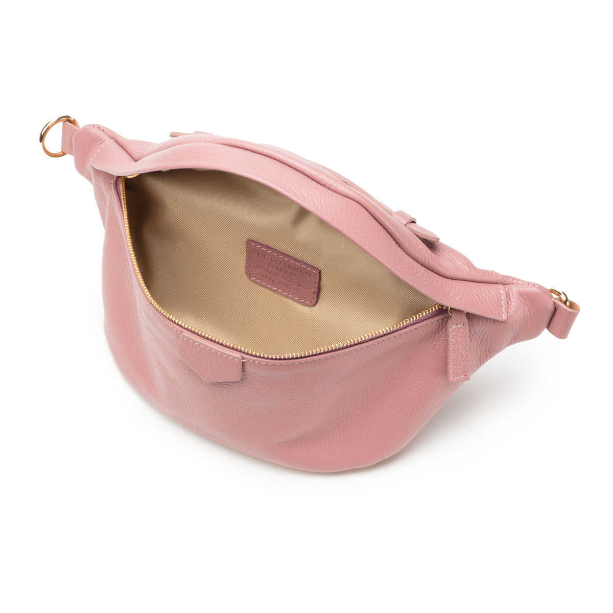 Birds Eye Image of an open Dusty Rose Leather Arc Sling bag for Women by Elie Beaumont