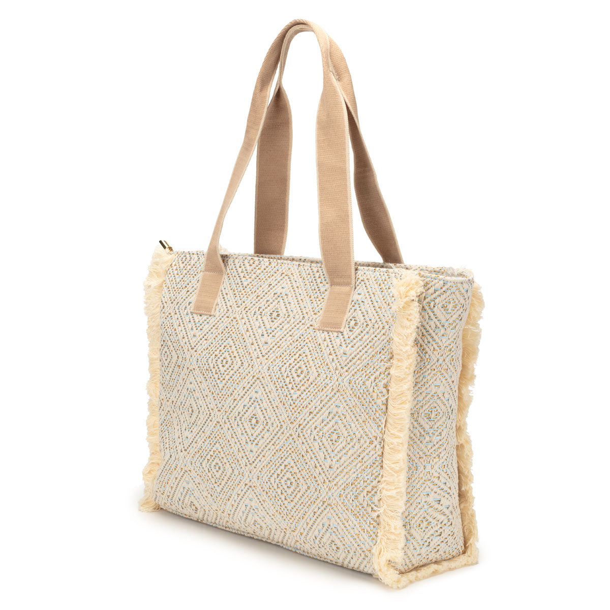 Summer Tote - Fringe Powder Blue Diamond Jacquard weave