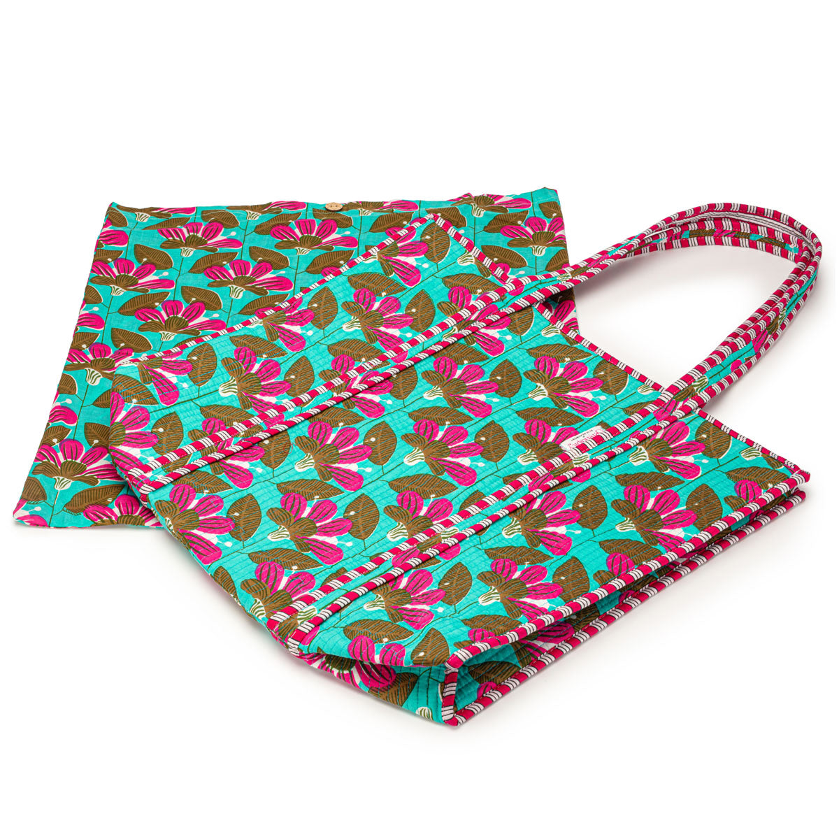 Serendipity Cotton Quilted Tote - Turquoise Blossom