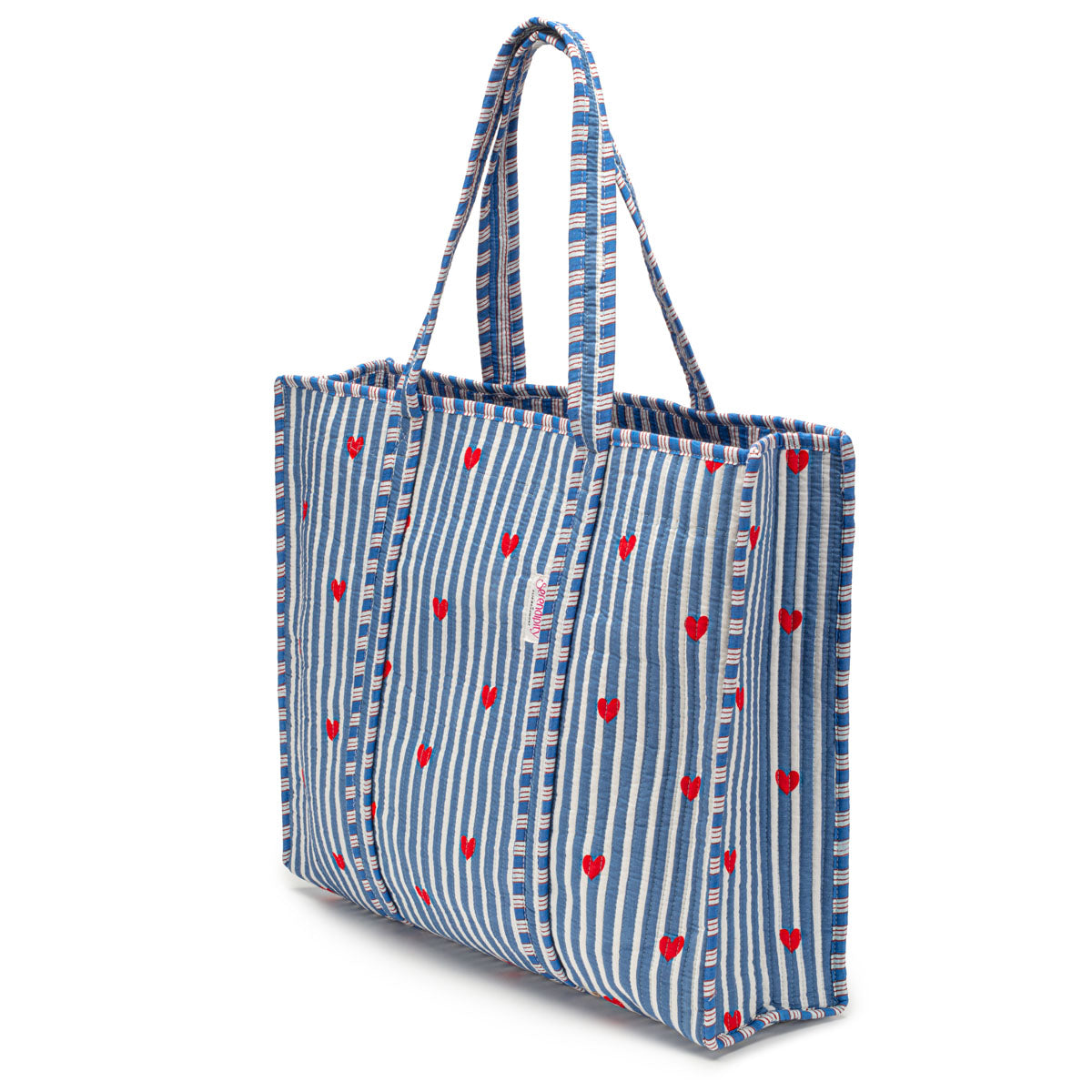 Serendipity Cotton Quilted Tote - Blue Stripe Red Heart