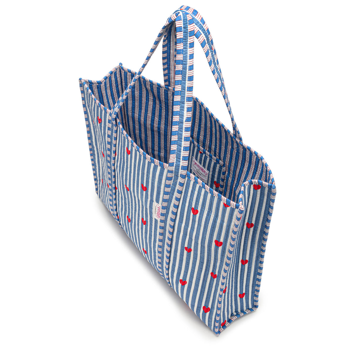Serendipity Cotton Quilted Tote - Blue Stripe Red Heart
