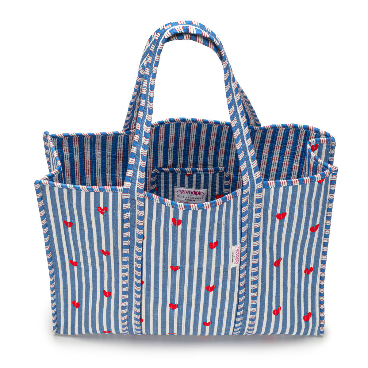 Serendipity Cotton Quilted Tote - Blue Stripe Red Heart