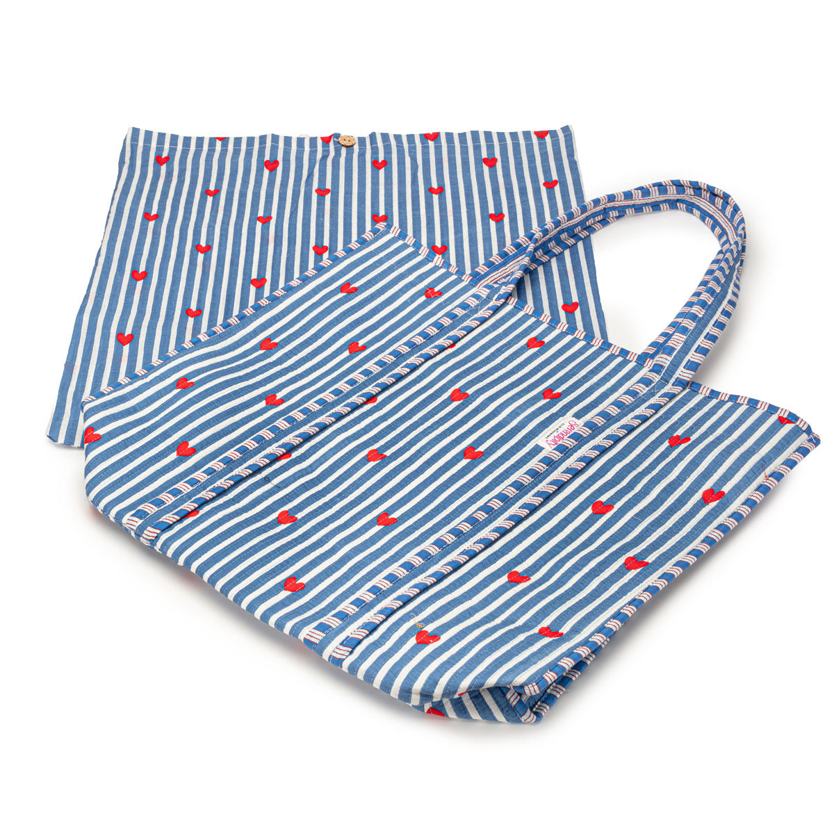 Serendipity Cotton Quilted Tote - Blue Stripe Red Heart