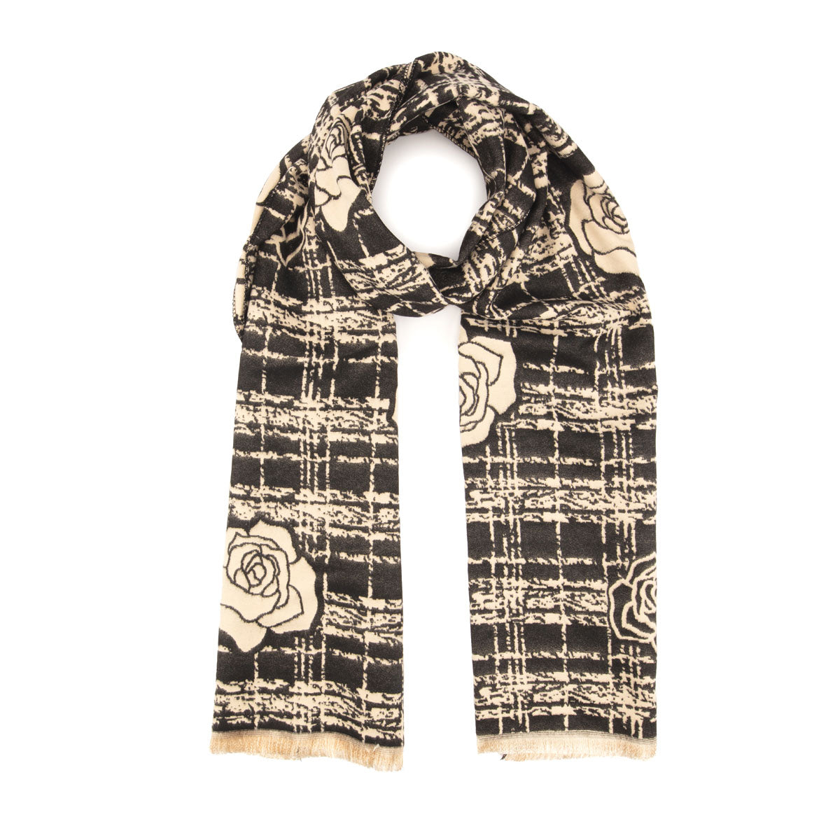 Winter Scarf - Black + Ivory Roses on Checks