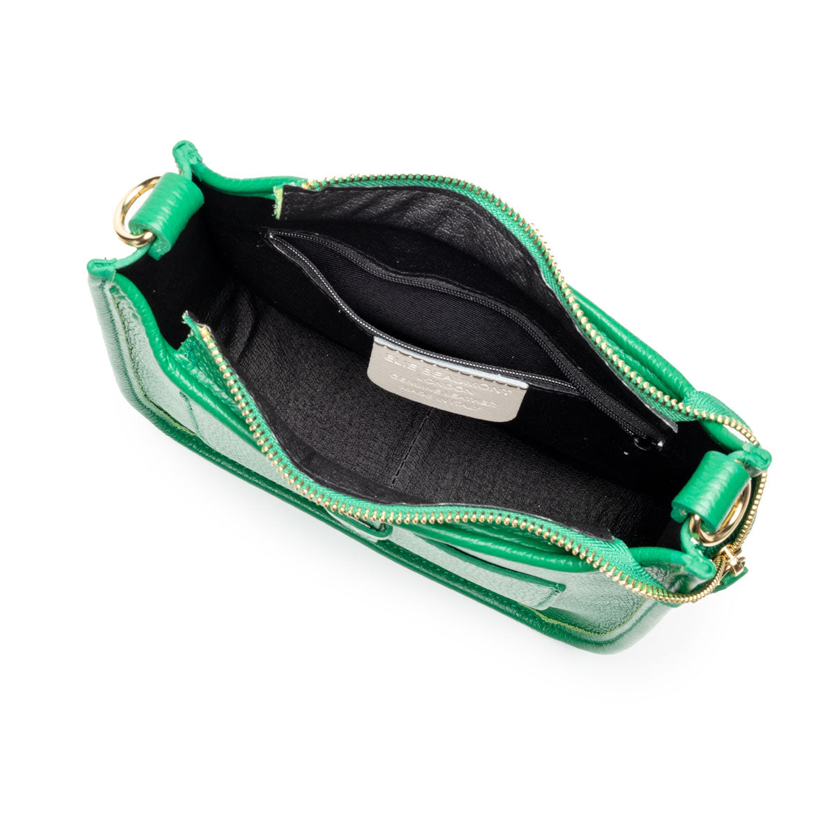 Birds Eye Image of an open Emerald Green Leather Messenger bag for Women by Elie Beaumont