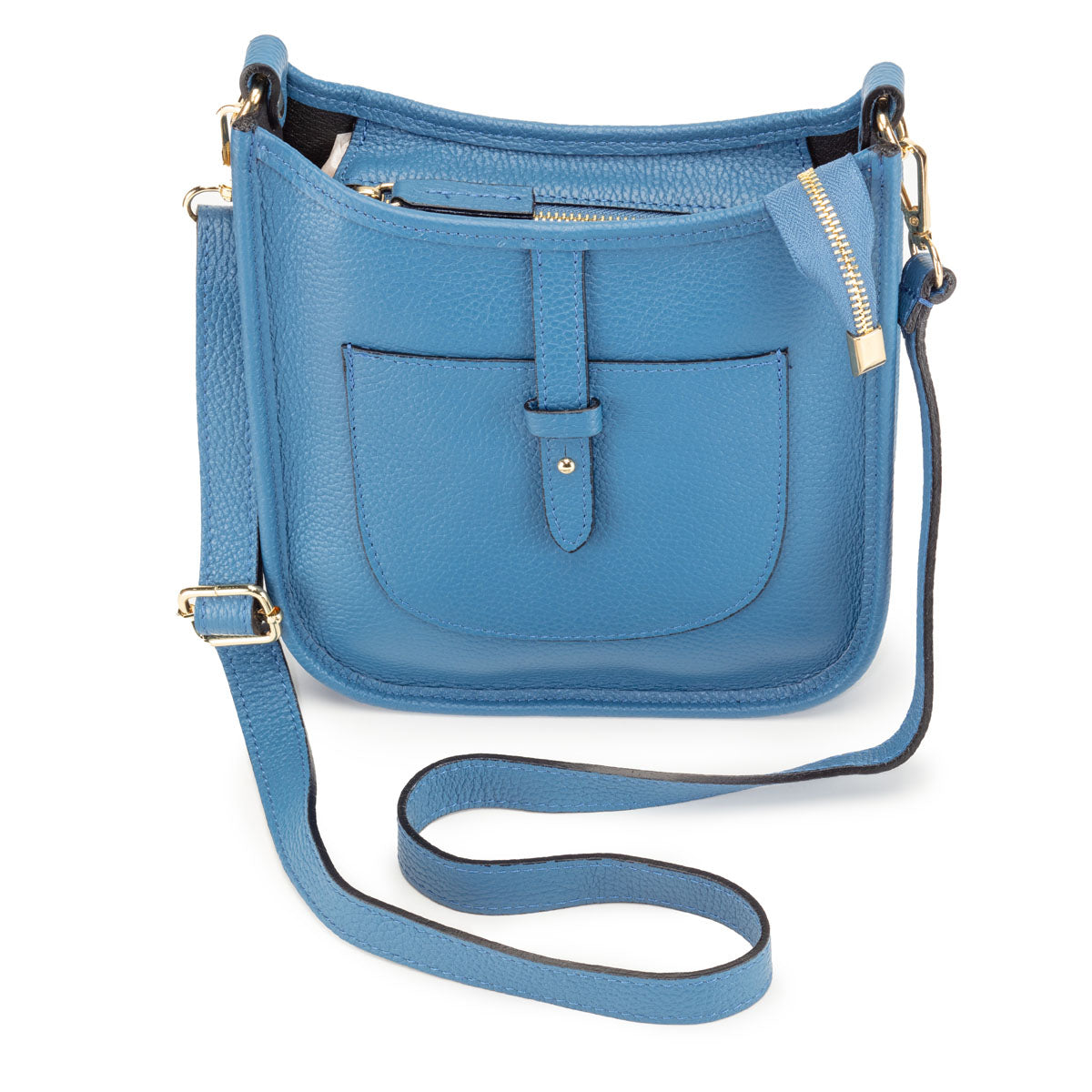 Image of a French Blue Leather Messenger Bag with matching strap for Women by Elie Beaumont